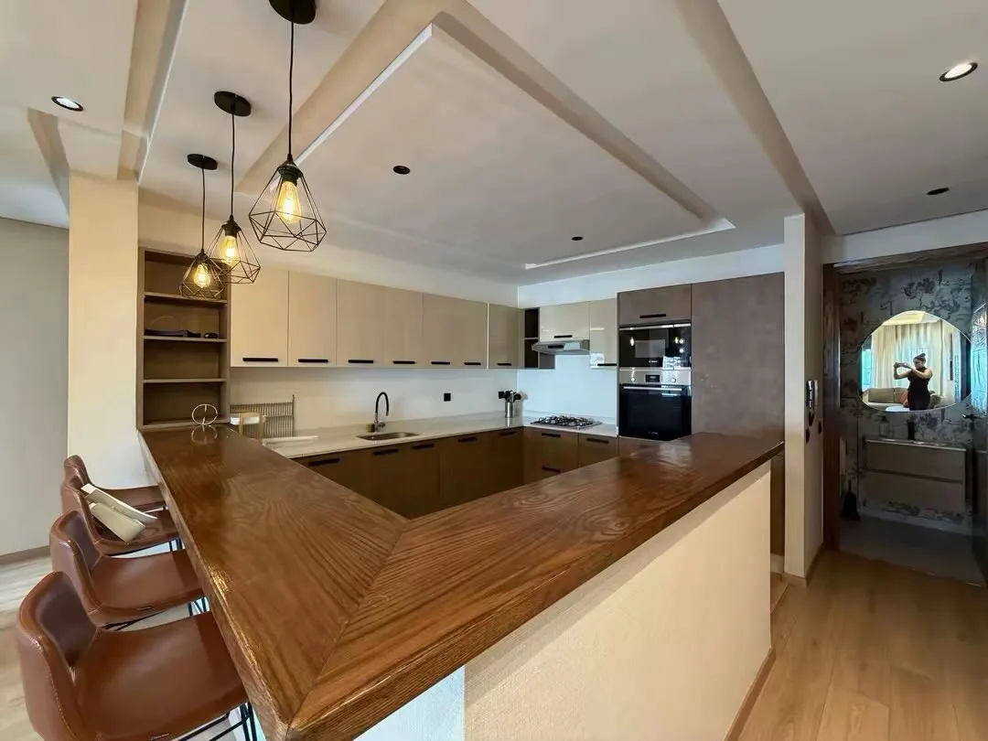 Open-plan kitchen, with a wooden counter and suspended lighting
